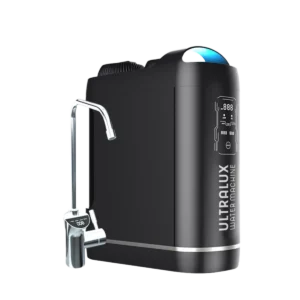 The UltraLux Water Machine is the best ro uv water filter with it's digital faucet on a transparent background.